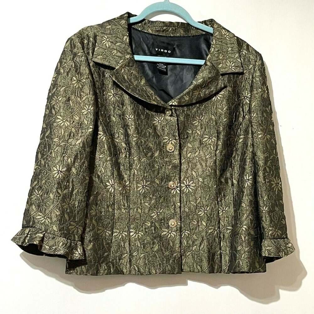 Virgo Womens Floral Textured Cropped Jacket Size 14 Gold & Black Polyester/Rayon
